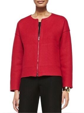 Eileen Fisher Boiled Wool Red Zip Short Round Neck Jacket
